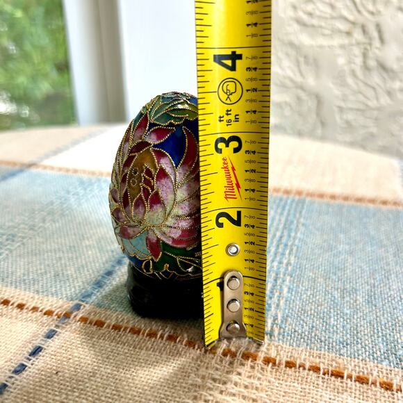 Vintage Cloisonné Enamel Egg with Floral Design on Wood Stand – 3” Tall - Picture 9 of 9